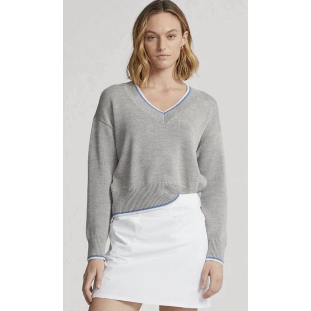 RLX Ralph Lauren V Neck Cricket Tennis Performance Knit Jumper Large Gray Stripe